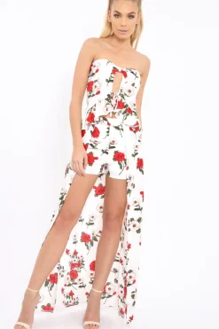Rebellious Fashion White Floral Print Split Maxi Skirt With Shorts - Kandi