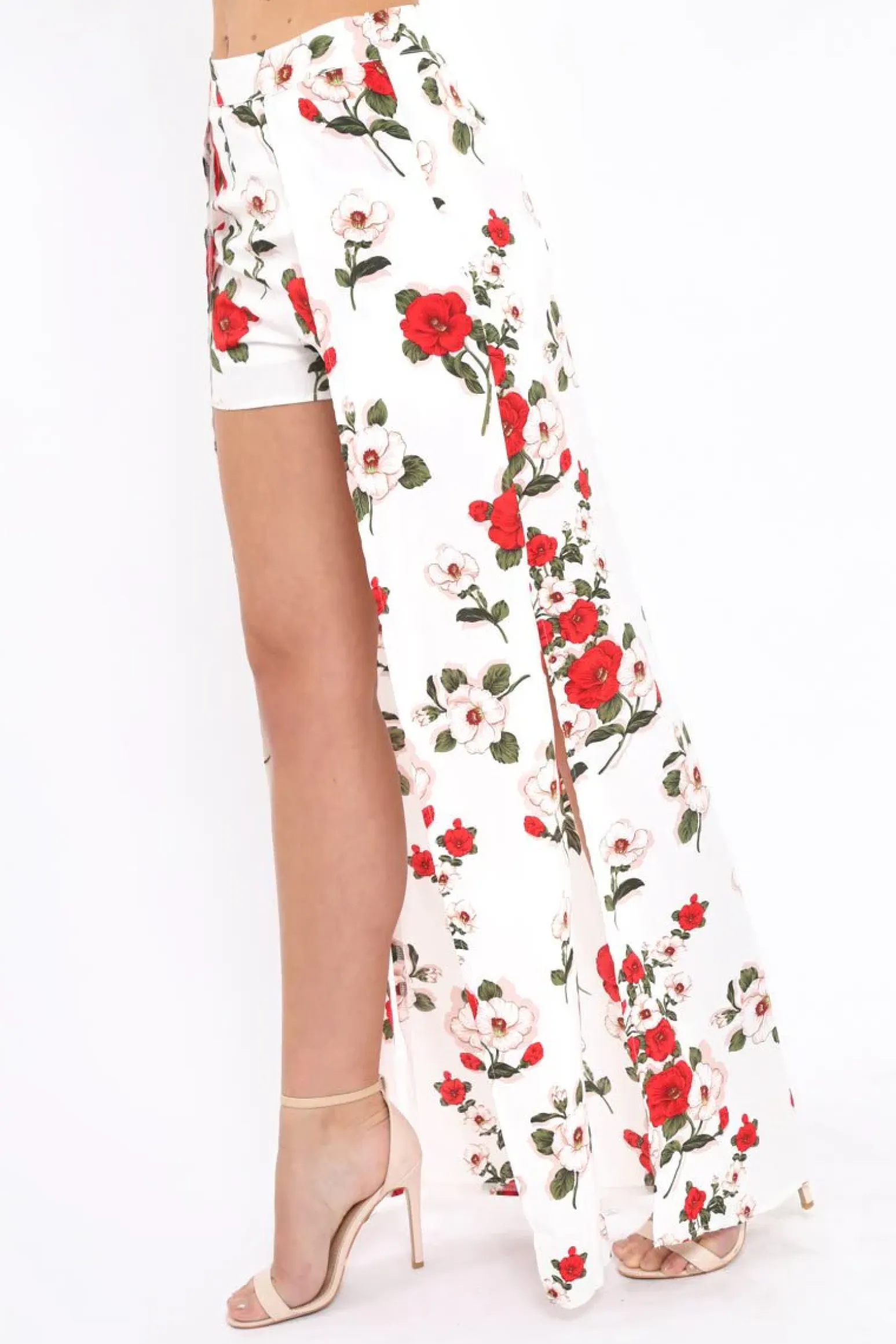 Rebellious Fashion White Floral Print Split Maxi Skirt With Shorts - Kandi
