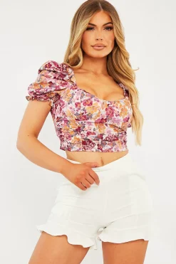 Rebellious Fashion White Floral Puff Sleeve Crop Top - Ellorie