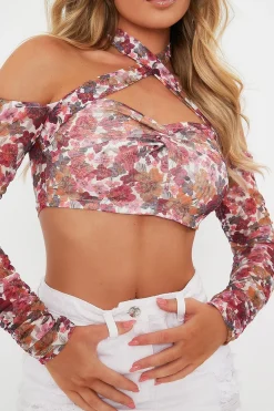 Rebellious Fashion White Floral Ruched Sleeve Crop Top - Deeba