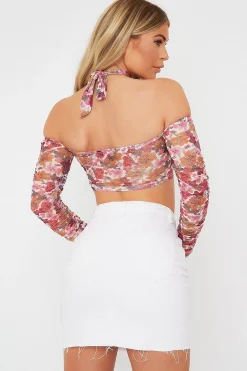 Rebellious Fashion White Floral Ruched Sleeve Crop Top - Deeba