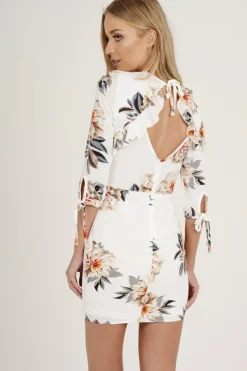 Rebellious Fashion White Floral Ruffle Side Dress - Nadine