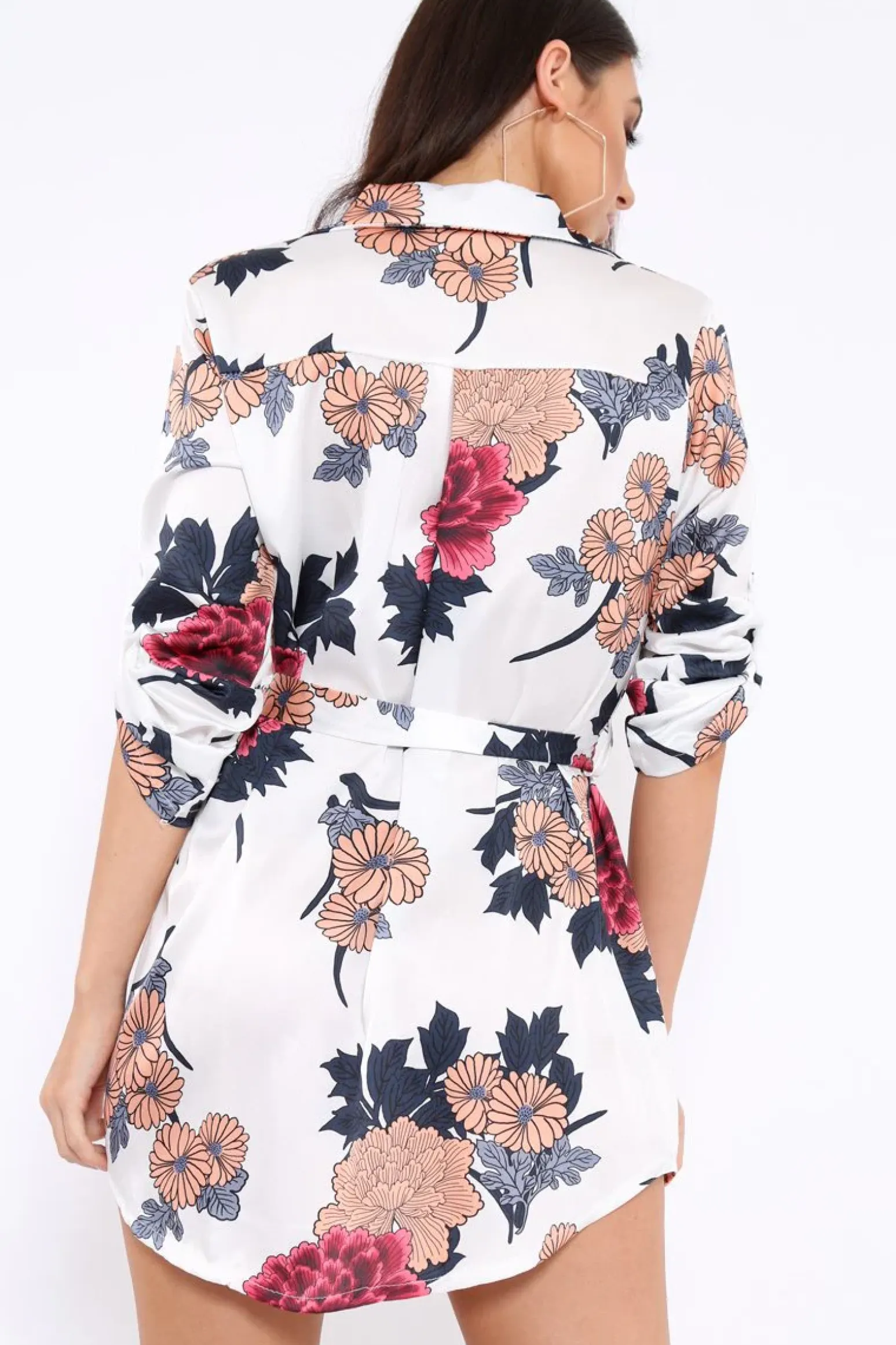 Rebellious Fashion White Floral Satin Shirt Tie Dress - Sophina