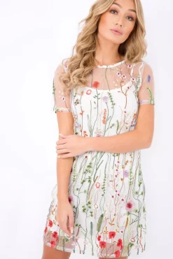 Rebellious Fashion White Floral Sheer Shift Dress - Crystal