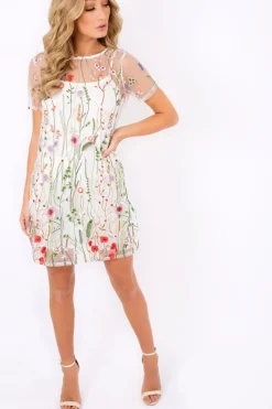 Rebellious Fashion White Floral Sheer Shift Dress - Crystal
