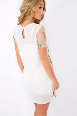 Rebellious Fashion White Floral Sheer Shift Dress - Crystal
