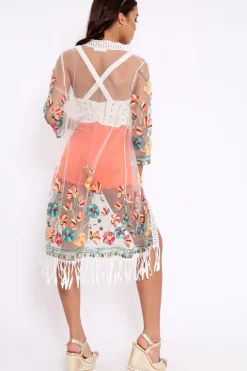 Rebellious Fashion White Floral Sheer Tassel Trim kimono - Jaxon