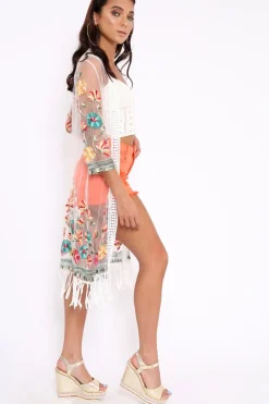 Rebellious Fashion White Floral Sheer Tassel Trim kimono - Jaxon