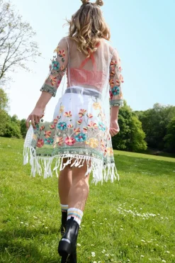 Rebellious Fashion White Floral Sheer Tassel Trim kimono - Jaxon