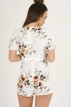 Rebellious Fashion White Floral V Cut Playsuit - Dianne
