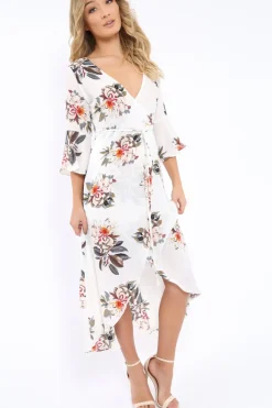 Rebellious Fashion White Floral Wrap Dress - Adley