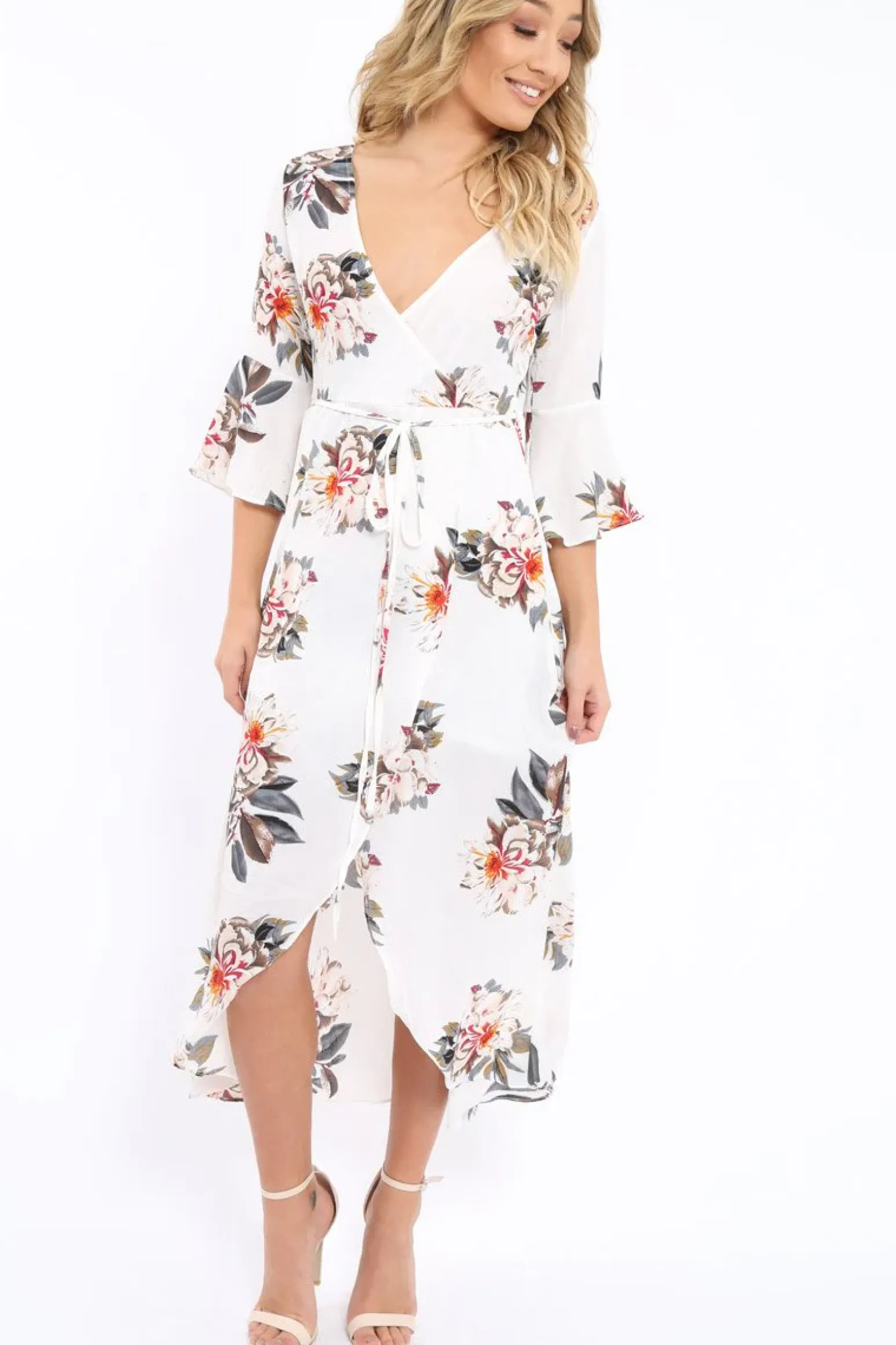 Rebellious Fashion White Floral Wrap Dress - Adley