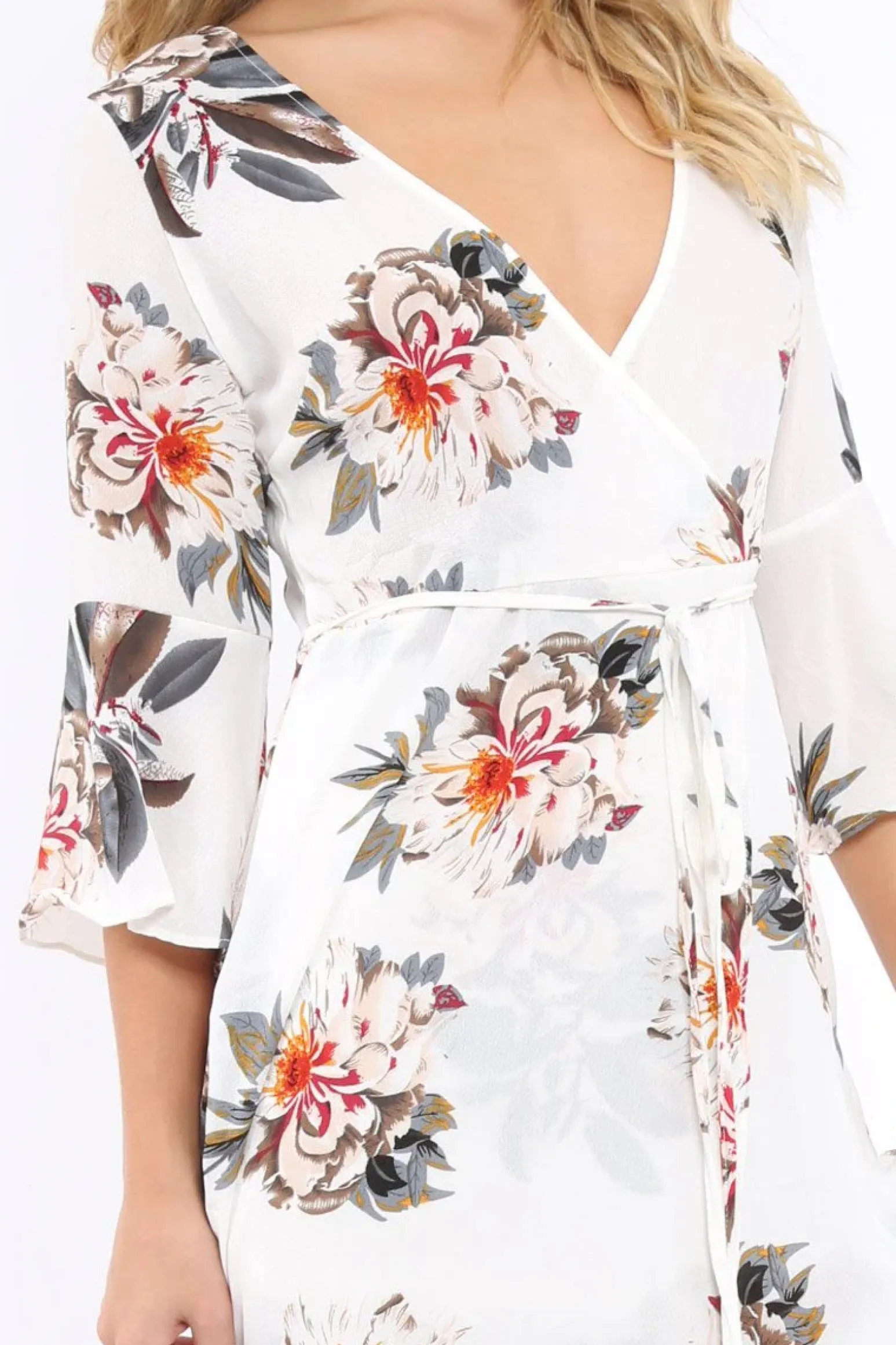 Rebellious Fashion White Floral Wrap Dress - Adley