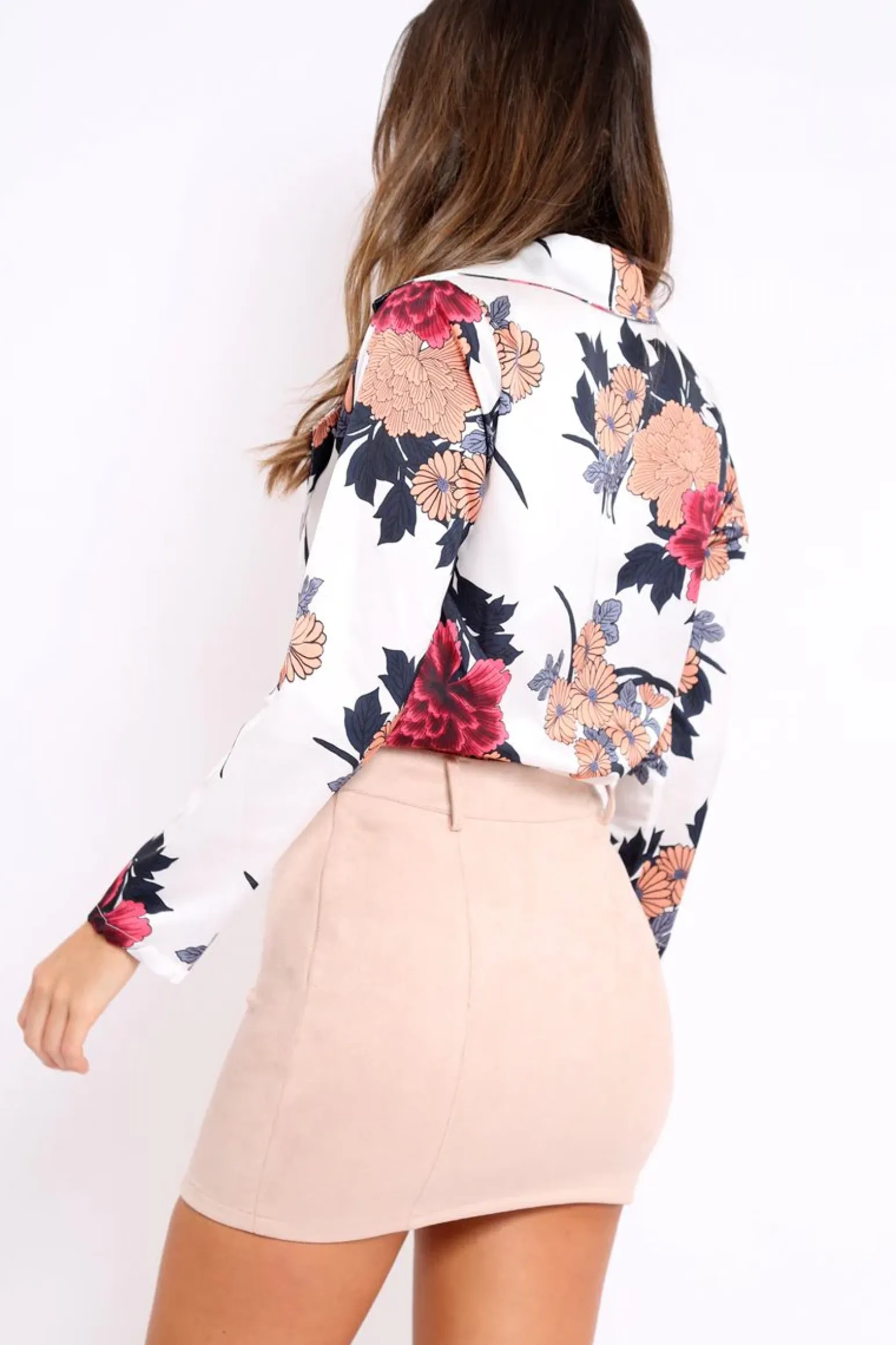 Rebellious Fashion White Flower Print Plunge Satin Bodysuit - Madelynn