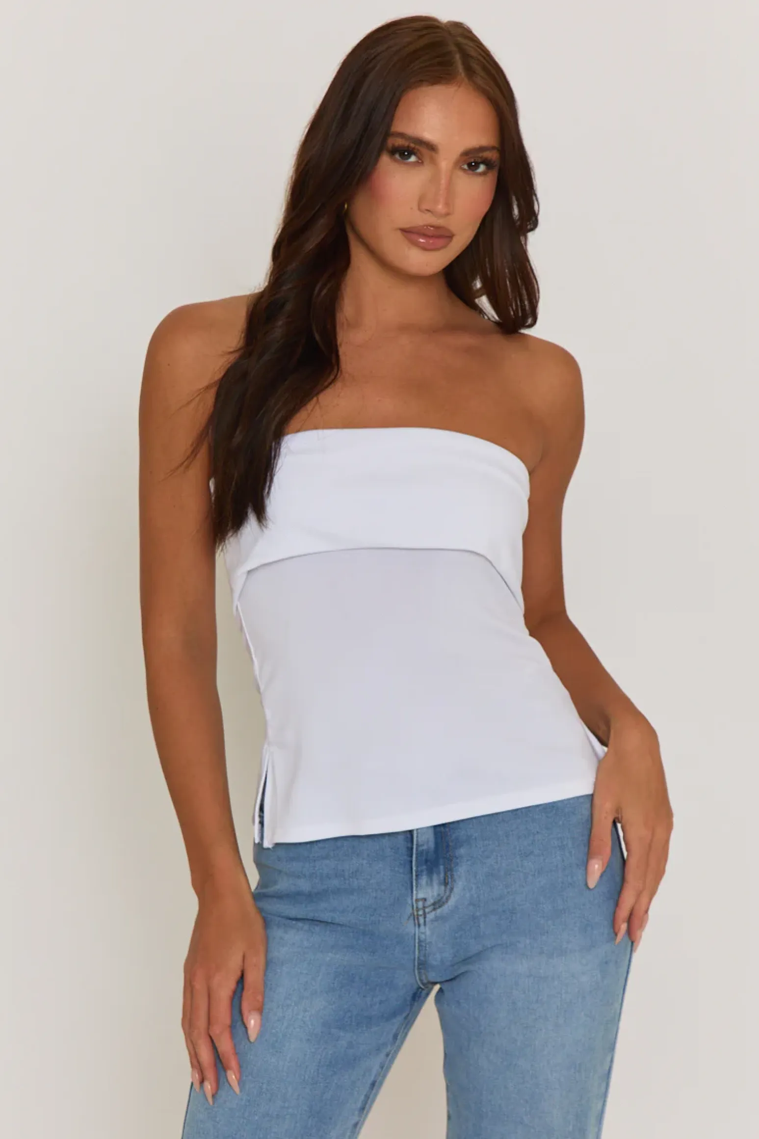 Rebellious Fashion White Fold Over Bandeau Top - Morena