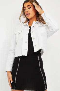 Rebellious Fashion White Frayed Hem Cropped Denim Jacket - Caryn