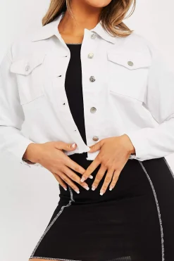 Rebellious Fashion White Frayed Hem Cropped Denim Jacket - Caryn