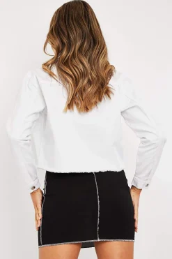 Rebellious Fashion White Frayed Hem Cropped Denim Jacket - Caryn