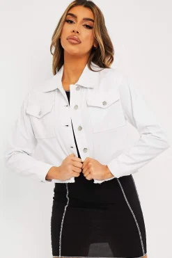 Rebellious Fashion White Frayed Hem Cropped Denim Jacket - Caryn