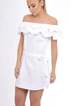 Rebellious Fashion White Frill Bardot Tie Waist Shirt Dress - Ally