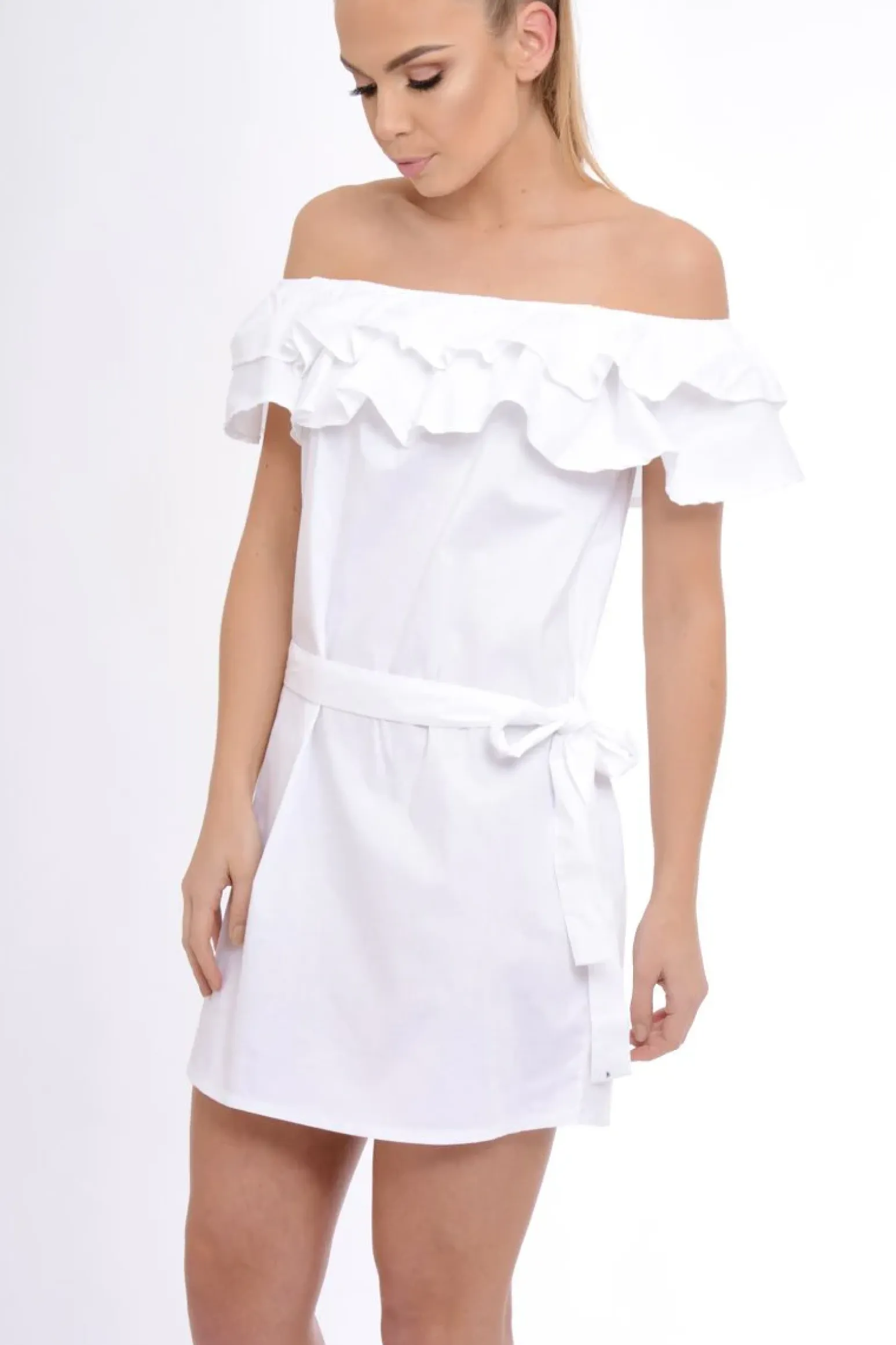 Rebellious Fashion White Frill Bardot Tie Waist Shirt Dress - Ally