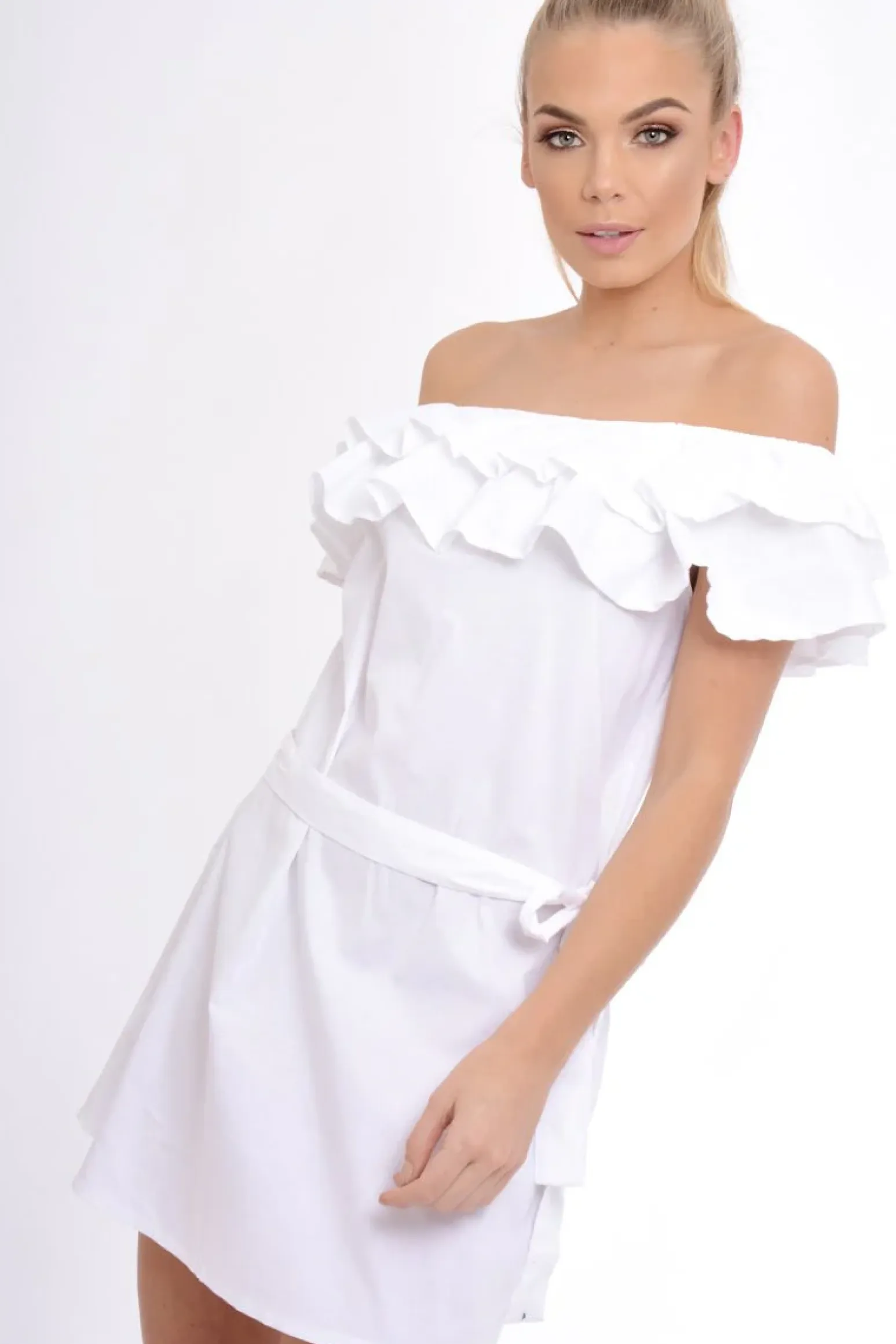 Rebellious Fashion White Frill Bardot Tie Waist Shirt Dress - Ally