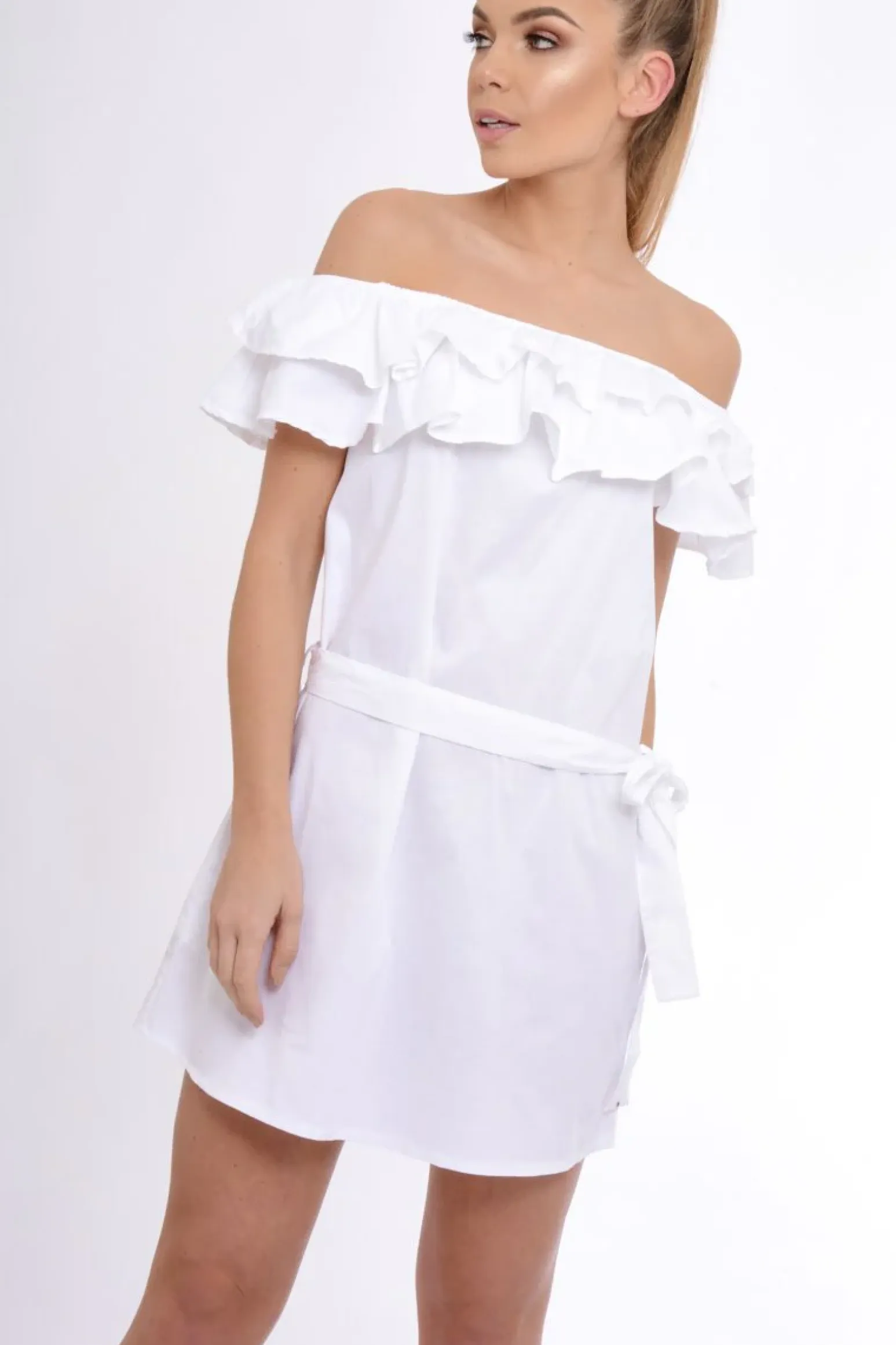 Rebellious Fashion White Frill Bardot Tie Waist Shirt Dress - Ally