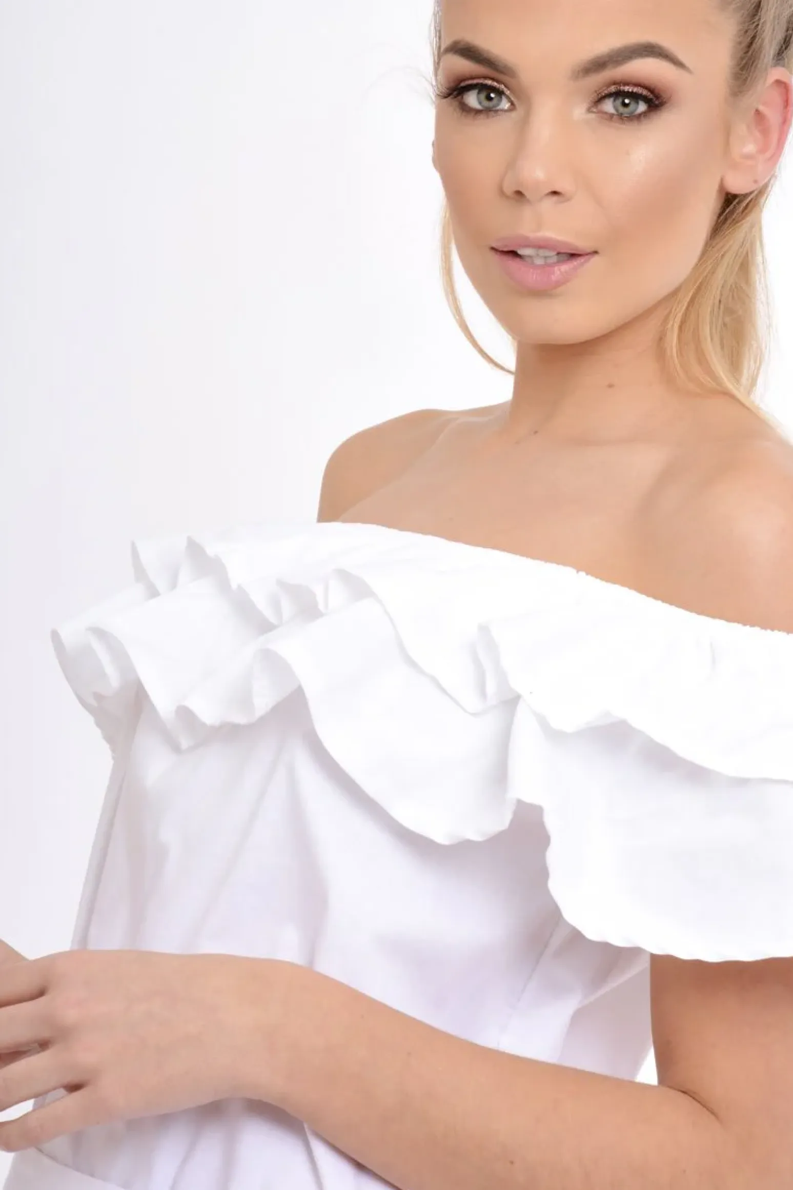 Rebellious Fashion White Frill Bardot Tie Waist Shirt Dress - Ally