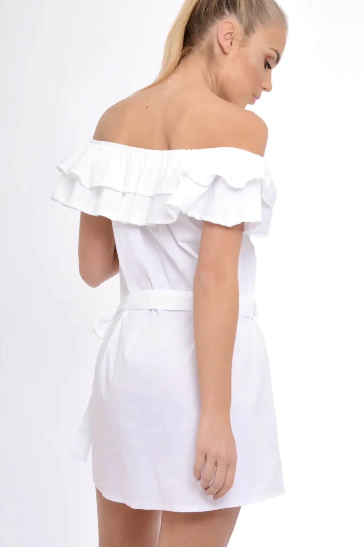 Rebellious Fashion White Frill Bardot Tie Waist Shirt Dress - Ally