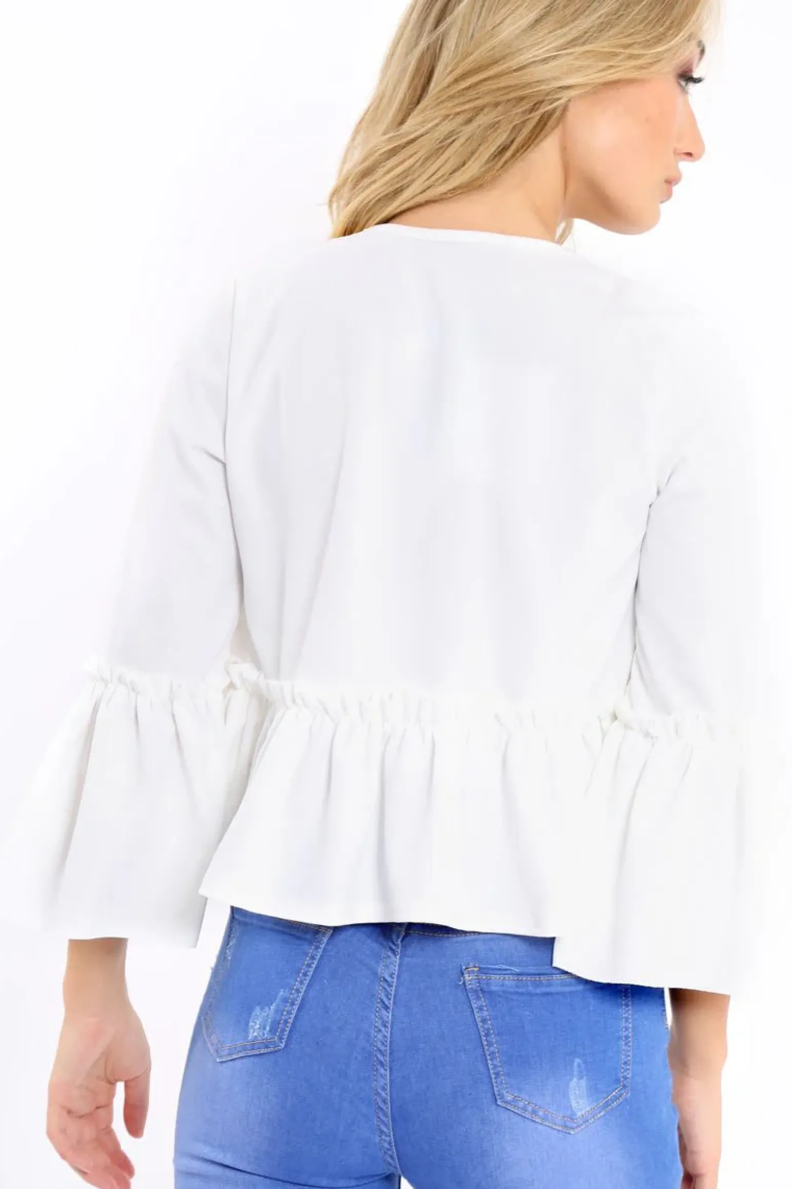 Rebellious Fashion White Frill Bell Sleeve Blazer - Zarra