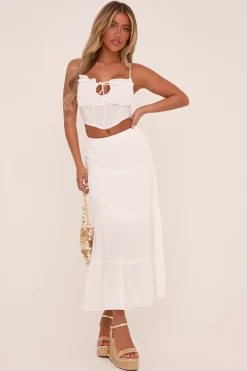 Rebellious Fashion White Frill Detail Elasticated Waist Maxi Skirt - Zena