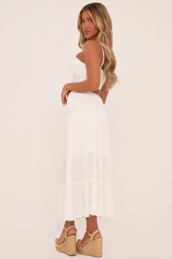 Rebellious Fashion White Frill Detail Elasticated Waist Maxi Skirt - Zena