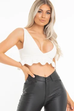 Rebellious Fashion White Frill Hem Crop Top - Keya