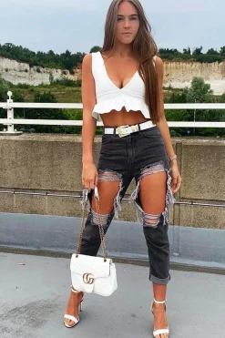 Rebellious Fashion White Frill Hem Crop Top - Keya