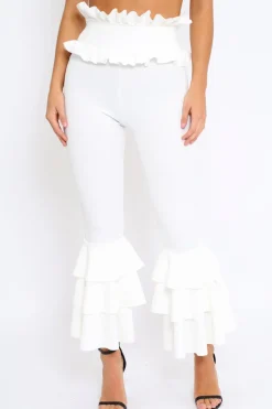 Rebellious Fashion White Frill Hem Triple Tiered Frill Hem Trousers - Karla