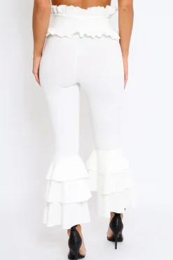 Rebellious Fashion White Frill Hem Triple Tiered Frill Hem Trousers - Karla