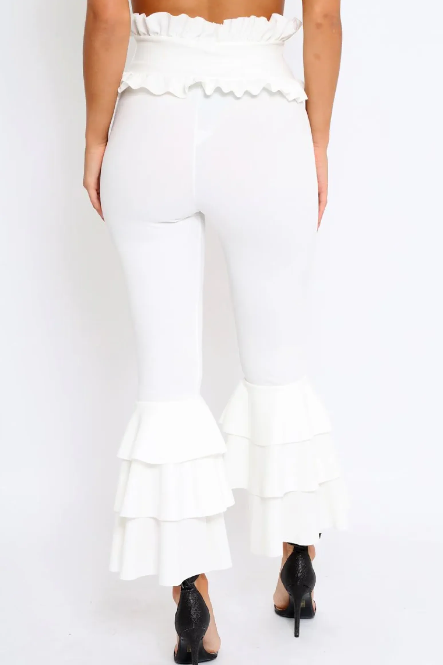 Rebellious Fashion White Frill Hem Triple Tiered Frill Hem Trousers - Karla