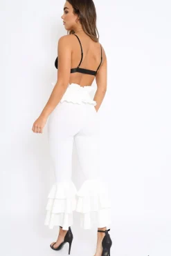 Rebellious Fashion White Frill Hem Triple Tiered Frill Hem Trousers - Karla