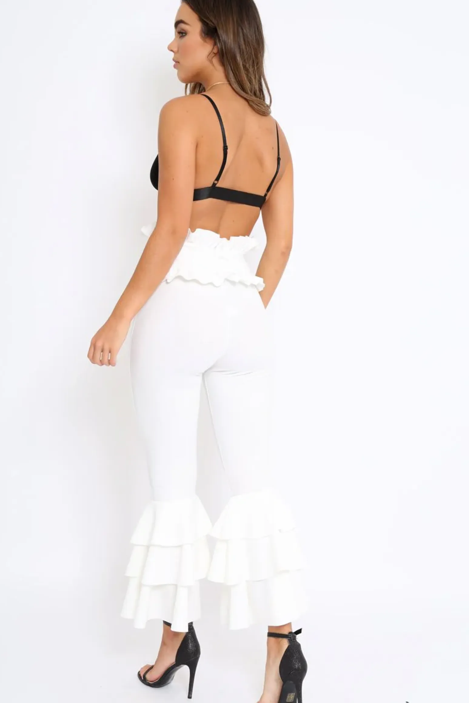 Rebellious Fashion White Frill Hem Triple Tiered Frill Hem Trousers - Karla