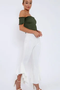 Rebellious Fashion White Frill Hem Trousers - Ashlie