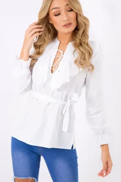 Rebellious Fashion White Frill Lace Up Shirt - Alayah