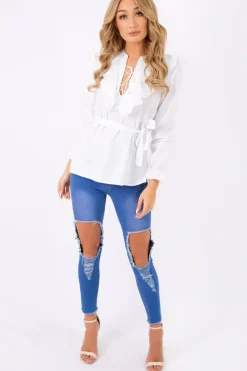 Rebellious Fashion White Frill Lace Up Shirt - Alayah