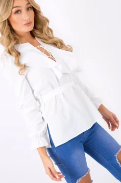 Rebellious Fashion White Frill Lace Up Shirt - Alayah