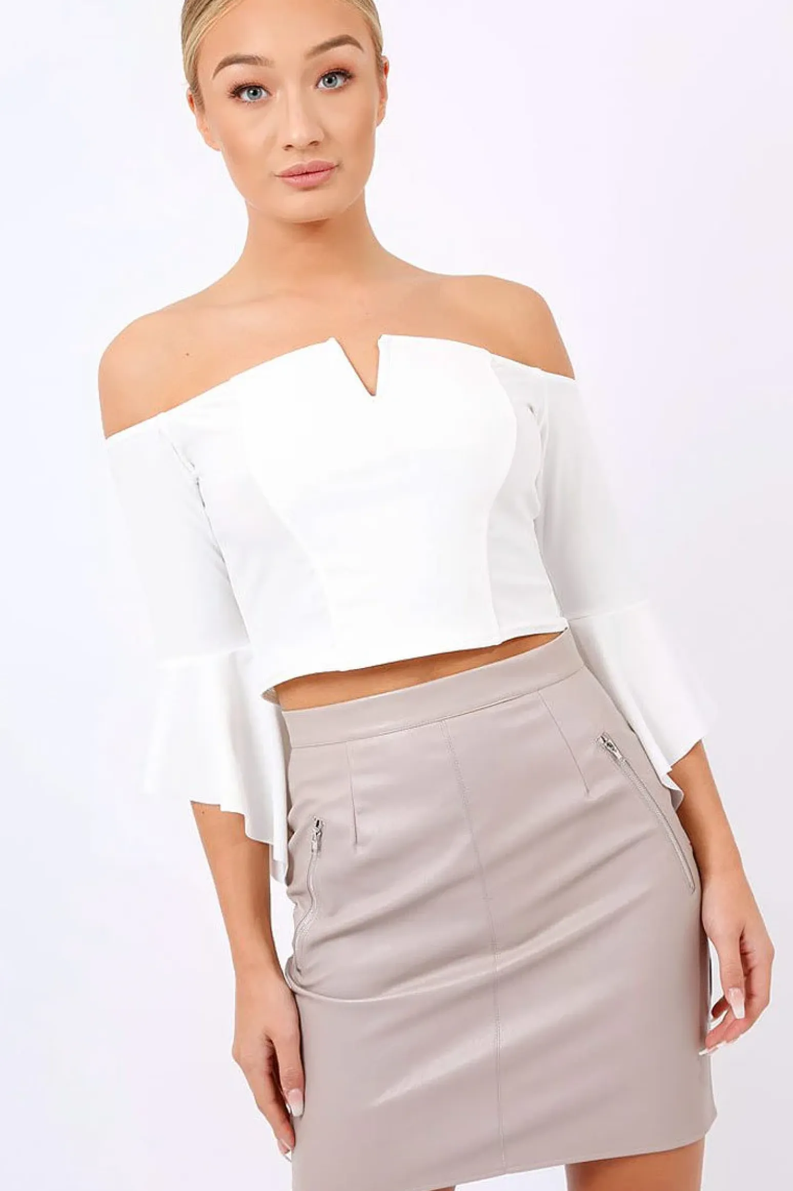 Rebellious Fashion white Frill Sleeve Bardot Crop Top - Kali