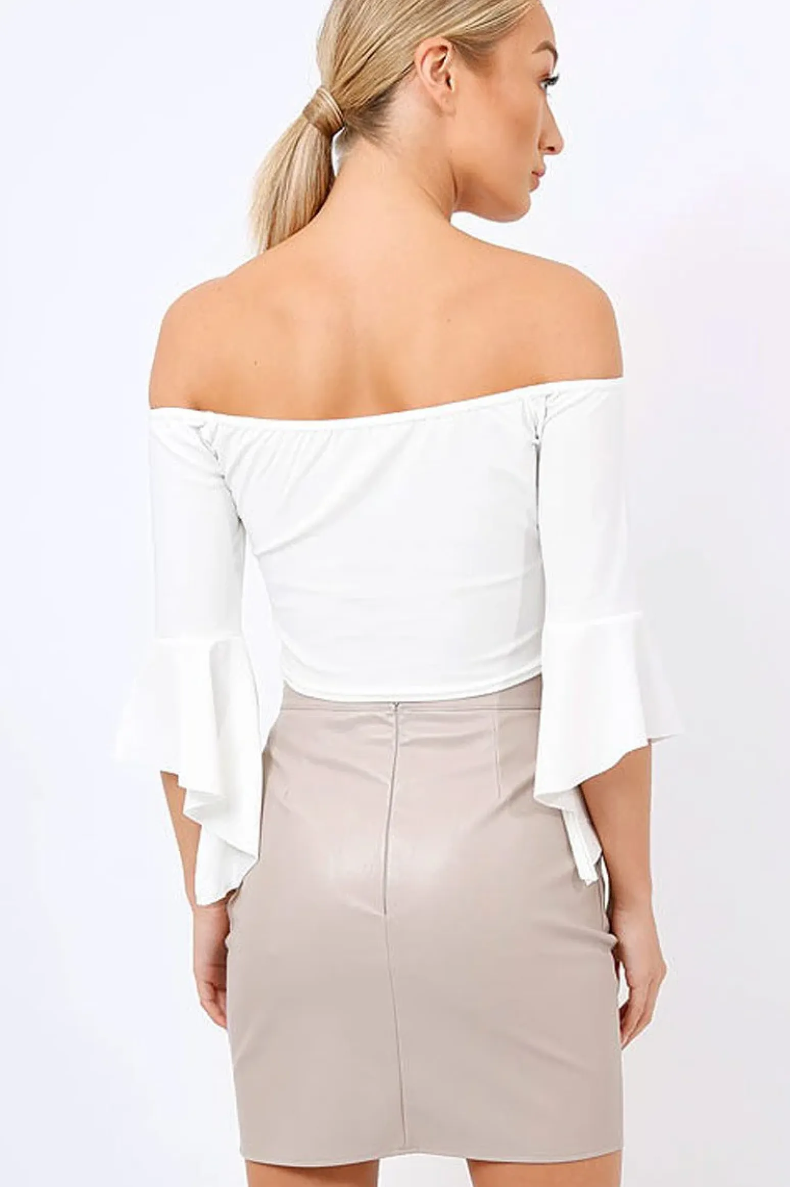 Rebellious Fashion white Frill Sleeve Bardot Crop Top - Kali