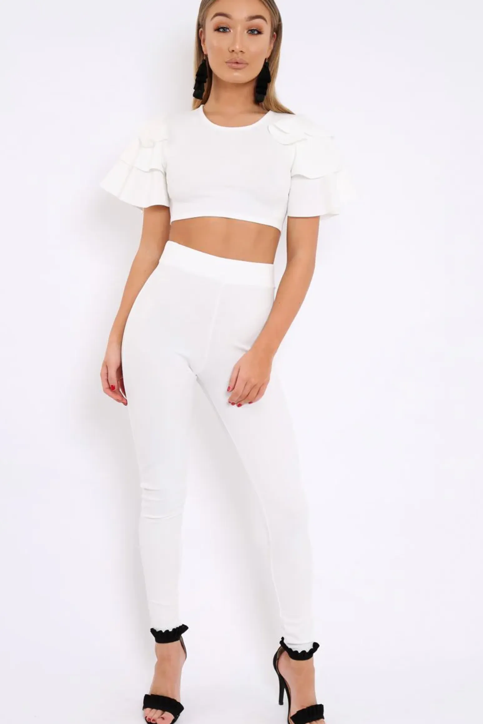 Rebellious Fashion White Frill Sleeve Co-ord Set - Demmie