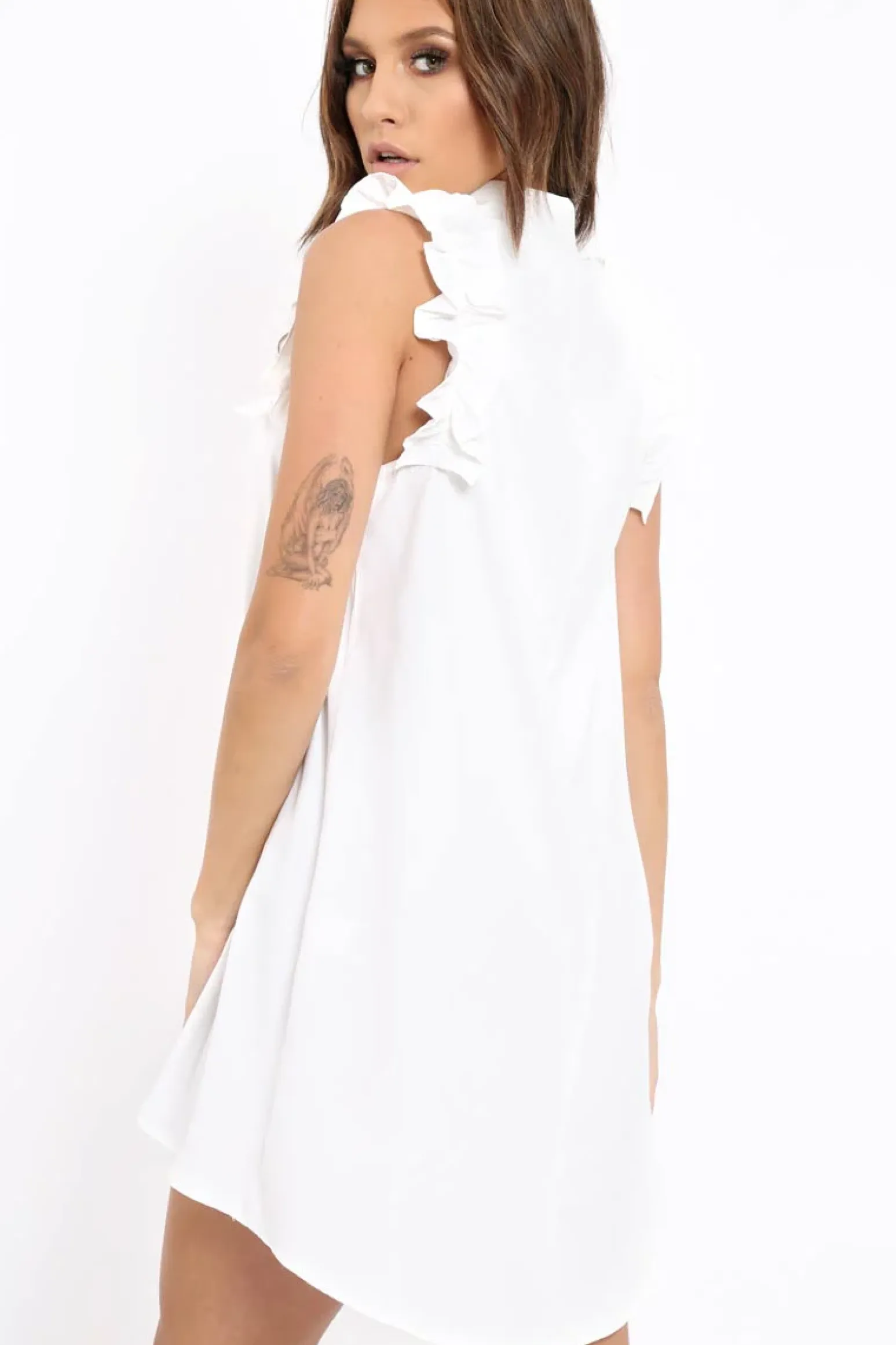 Rebellious Fashion White Frill Sleeve Dip Hem Shirt Dress - Camilie