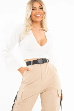 Rebellious Fashion White Frill Sleeve Plunge Neck Crop Top - Michaella
