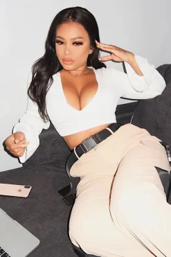 Rebellious Fashion White Frill Sleeve Plunge Neck Crop Top - Michaella