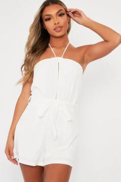 Rebellious Fashion White Front Cut Out Halter Neck Playsuit - Breyah